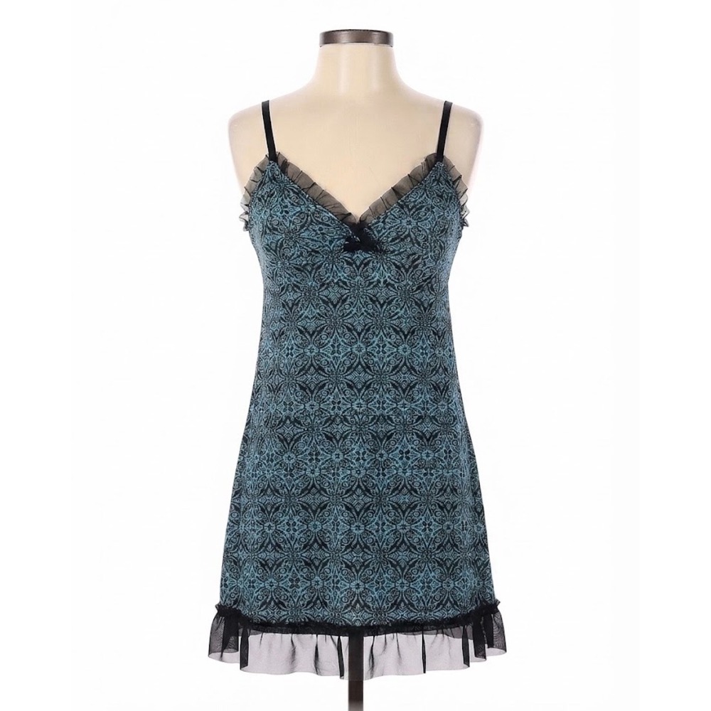 Teal Black Damask Slip Dress Sz M Ruffle Trim Cami Chemise Nightgown whimsigoth